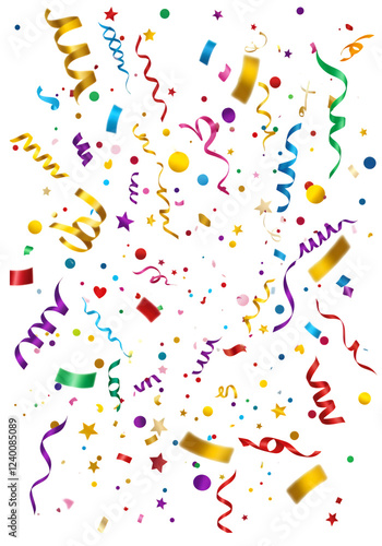 Colorful Confetti and Streamers Falling isolated on white or transparent png background