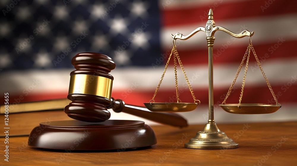 Imposing Gavel Positioned Upright on Wooden Table with Scales in Front of American Flag Background Imposing Gavel Positioned Upright on Wooden Table with Scales in Front of American Flag Background