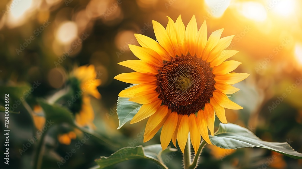 Fototapeta premium Single sunflower basks in the golden light of a summer sunset vibrant petals radiating warmth and serenity.