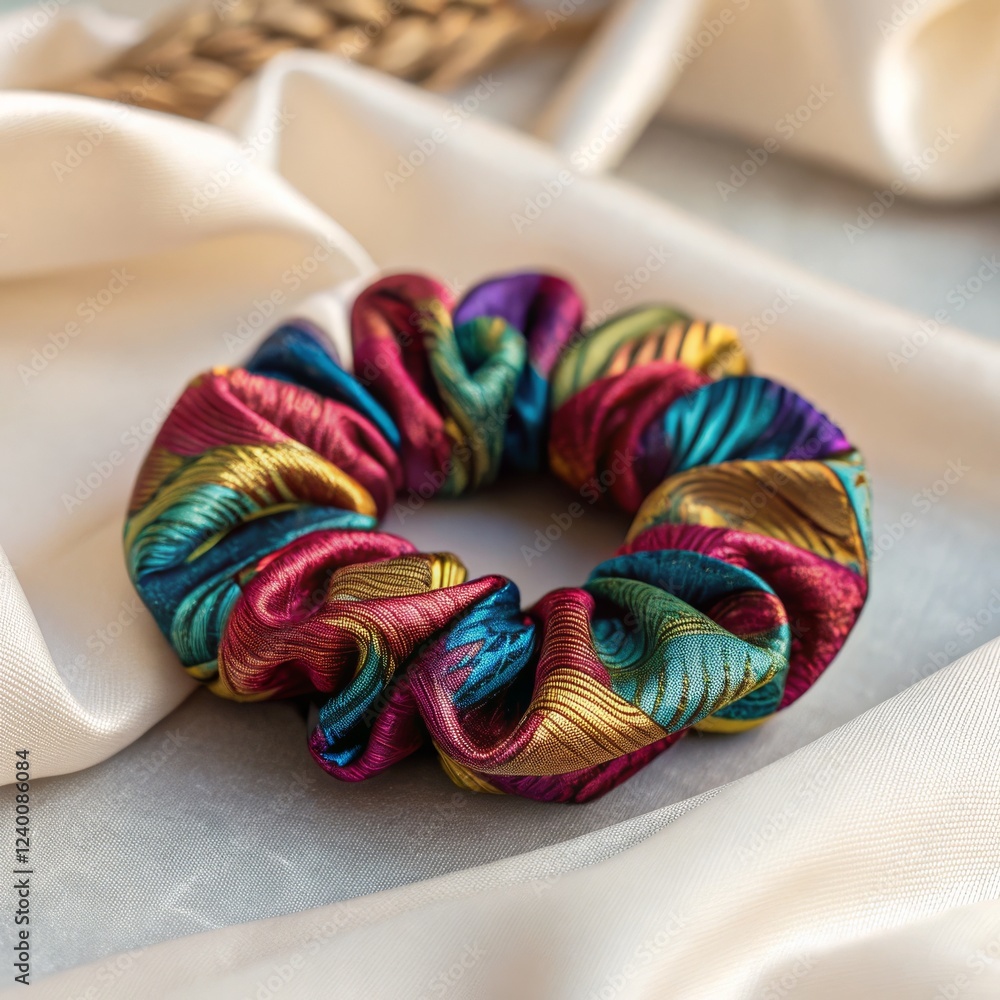 Multicolored Silk Scrunchie on White Silk Close-up Composition, Hair Accessory, Fabric Texture Scrunchie, Hair Accessory Multicolored Silk Scrunchie on White Silk Close-up Composition, Hair Accessory, Fabric Texture Scrunchie, Hair Accessory