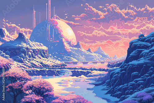 Illustrate a dreamlike utopia with pixel art techniques, focusing on nanotechnology landscapes up close Use a limited color palette to enhance the mood and create a visually striking composition that photo