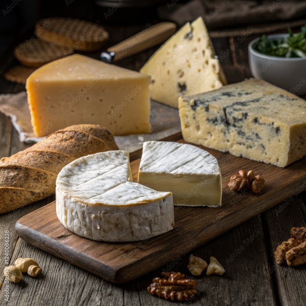 Rustic Cheese Board Still Life Camembert, Cheddar, Blue Cheese Composition, Wooden Background, Walnuts, Food Photography, Cheese Variety Cheese board