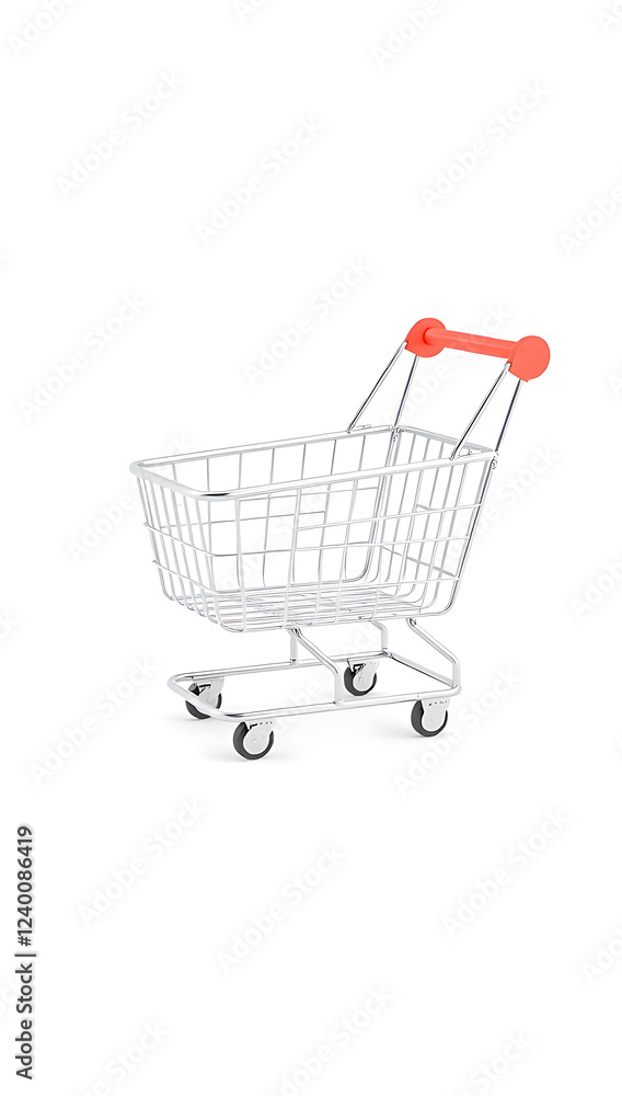 A simple 3D render of a shopping cart icon, with a minimalist metal wireframe design, four small wheels, and a red handle, placed on a plain white background. The icon represents e-commerce and online A simple 3D render of a shopping cart icon, with a minimalist metal wireframe design, four small wheels, and a red handle, placed on a plain white background. The icon represents e-commerce and online