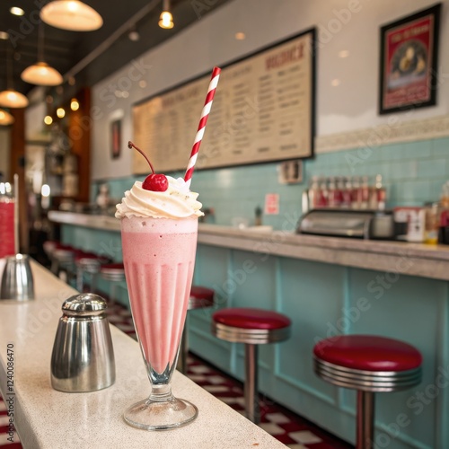 Strawberry milkshake in retro diner, close-up composition, vintage theme, red and white striped straw. Diner, milkshake