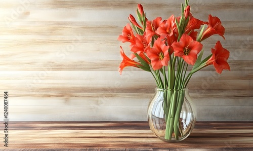 Wallpaper Mural Orange flowers in glass vase on wooden table, wood background, home decor Torontodigital.ca