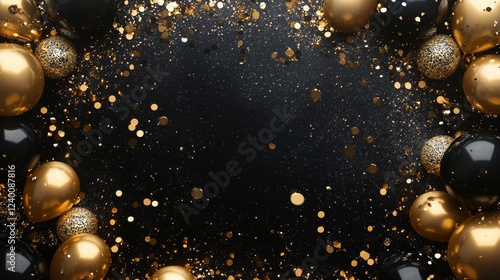 Luxury celebration frame composition, glossy gold balloon border, ebony balloon accents, drifting gold confetti pieces, rich black background, ambient party lighting, metallic celebration elements,