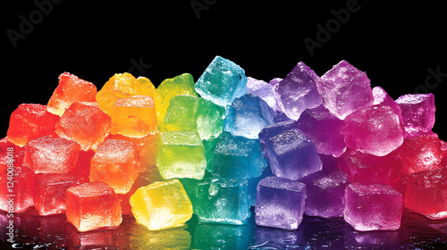 Light refracting through ice creates rainbow hues in vibrant colored ice cubes on a dark background beautiful display