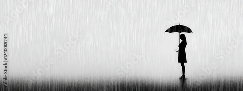 Woman with Umbrella in Rainy Black and White Scene