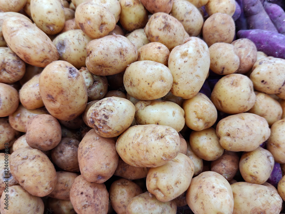 Group of potatoes selling in market Group of potatoes selling in market