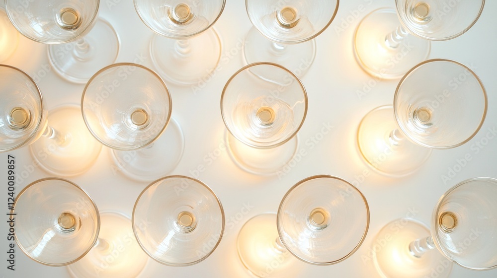 Neatly arranged empty glasses on a table, symbolizing simplicity and order in dining. Neatly arranged empty glasses on a table, symbolizing simplicity and order in dining.