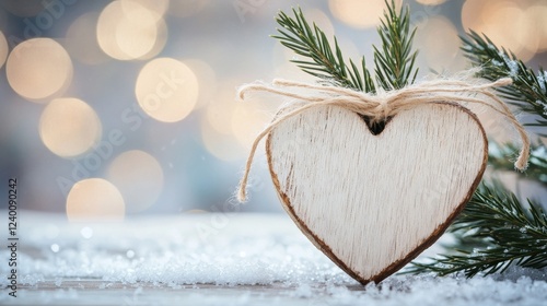 Natural Christmas decoration, unfinished wood heart, jute string tie, evergreen needle framing, delicate snow crystals, soft bokeh effect, artisanal holiday styling, winter nature composition