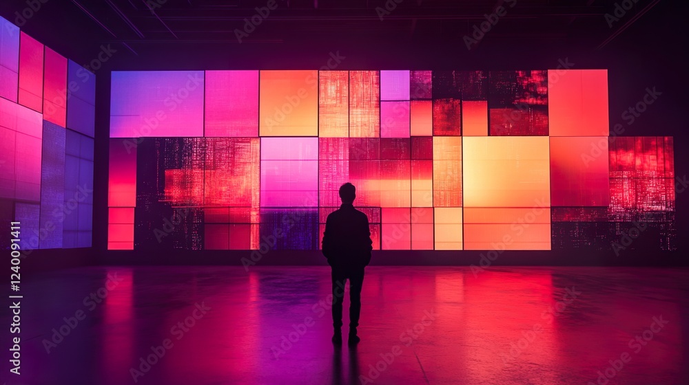 Giant multimedia wall with abstract digital screens, gradient lighting, and futuristic minimalism, symbolizing the fusion of technology and design. Giant multimedia wall with abstract digital screens, gradient lighting, and futuristic minimalism, symbolizing the fusion of technology and design.