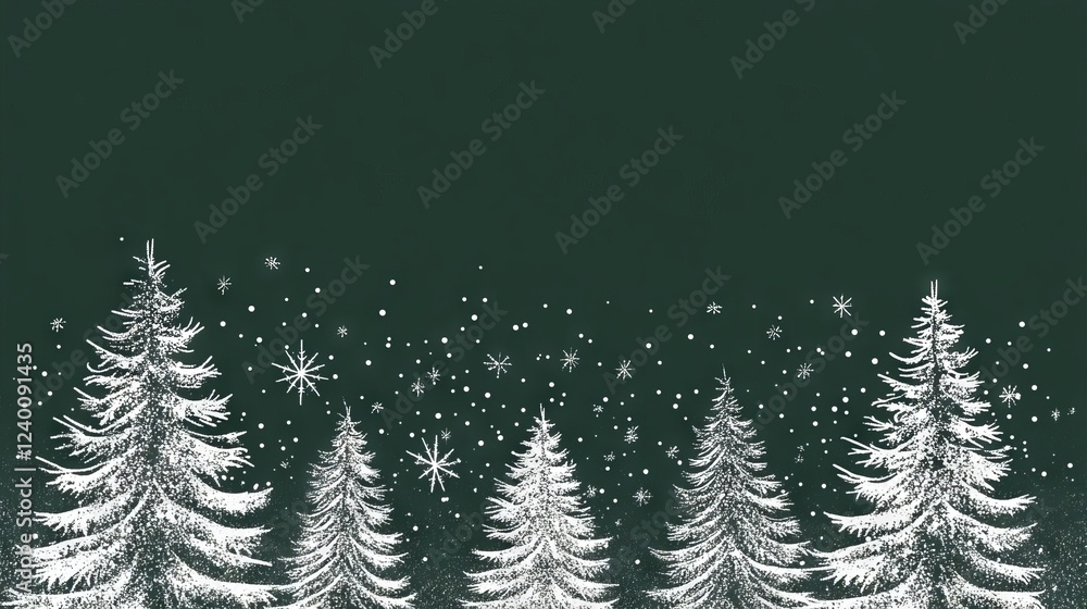 Obraz premium Dotted Christmas tree border, white speckled pine forest, emerald dark backdrop, linear winter landscape, delicate snow particle detail, frosted conifer illustration, monochromatic tree silhouettes