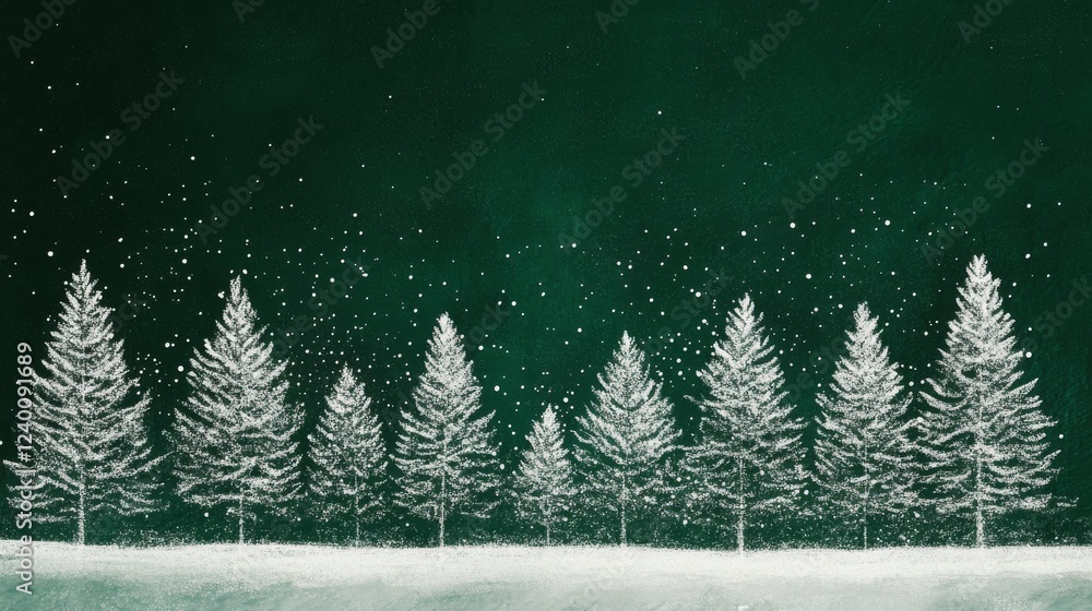 Obraz premium Linear forest composition, stippled snow effect, emerald night background, white dotted pine trees, winter landscape border, minimal holiday illustration, crystallized tree silhouettes, elegant