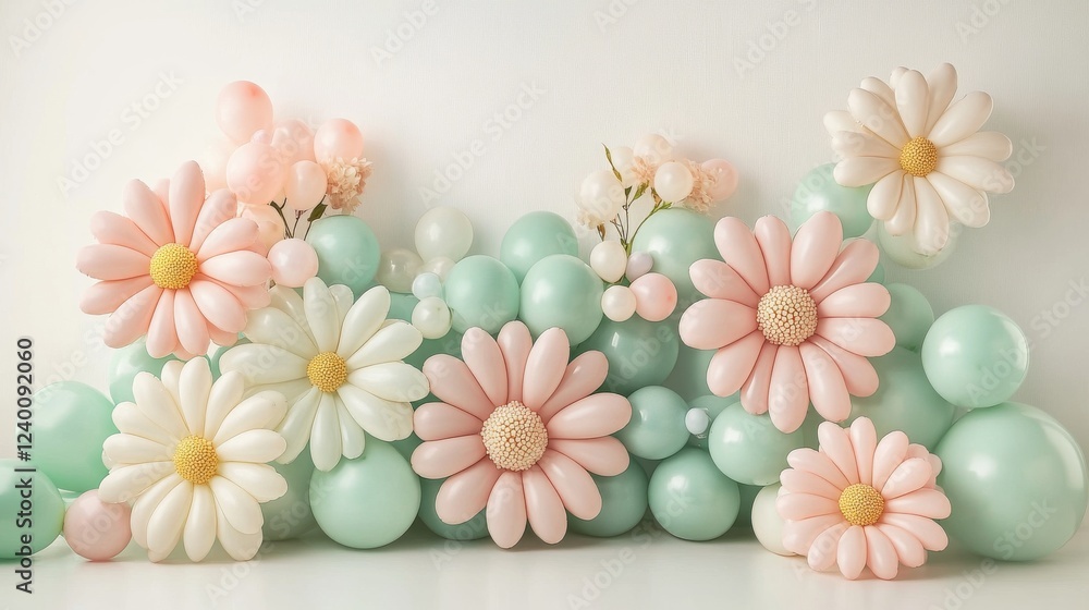 Obraz premium Pastel balloon flower composition, daisy shaped arrangements, seafoam green and pink blooms, white wall backdrop, cheerful party installation, whimsical celebration decor, feminine event styling