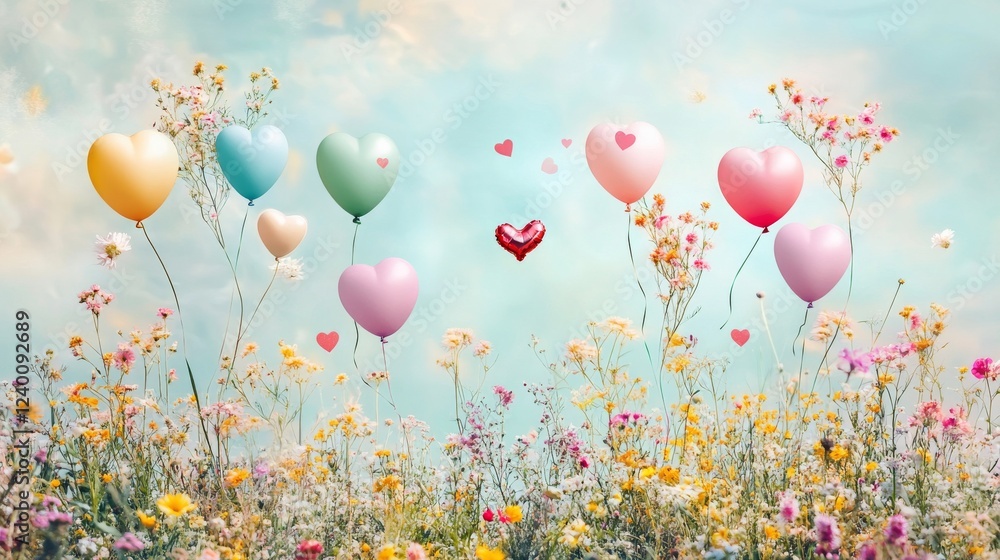 Ethereal party frame composition, ascending multicolored balloons, delicate heart garland, blooming meadow flowers, soft gradient sky background, morning light, dreamy garden setting, fine art Ethereal party frame composition, ascending multicolored balloons, delicate heart garland, blooming meadow flowers, soft gradient sky background, morning light, dreamy garden setting, fine art