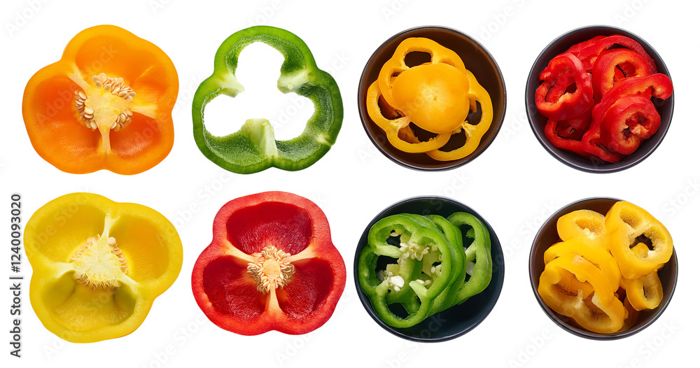 Colorful Slices of Bell Peppers in Bowls on Dark Background, isolated on transparent background Colorful Slices of Bell Peppers in Bowls on Dark Background, isolated on transparent background