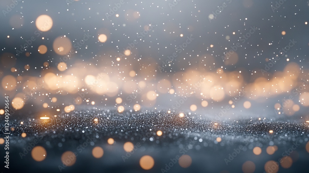 Obraz premium Magical winter scene, sparkling metallic snowflakes, twinkling string lights, drifting snowflakes bokeh, misty gray atmosphere, shallow depth of field, high-end product photography style