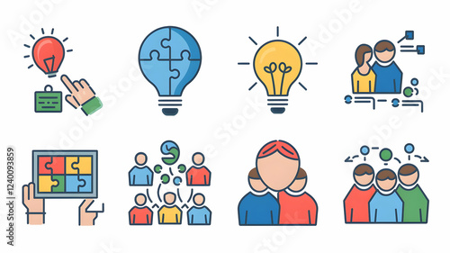 Solution flat icon vector set. Containing problem solving, light bulb, idea, strategy, creativity, innovation, meeting, teamwork, connecting, management, puzzle, creative, invention