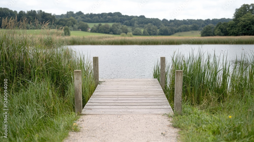 Fototapeta premium Serene lake view, wooden dock, tranquil landscape