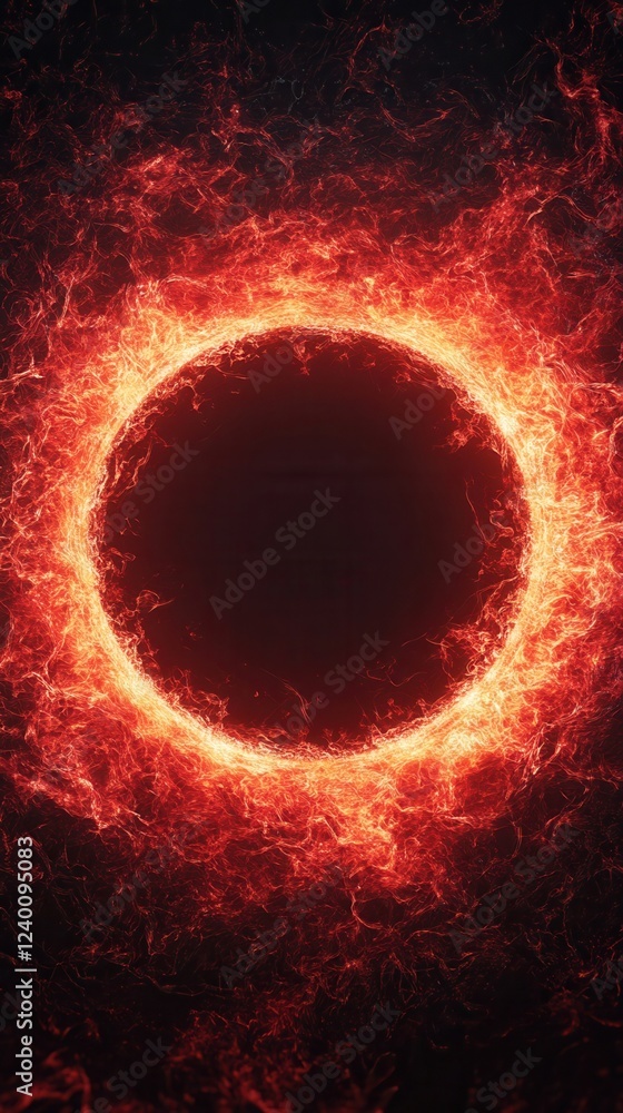 Fototapeta premium A glowing, fiery circle on a dark background, resembling an abstract representation of a solar eclipse or cosmic phenomenon.