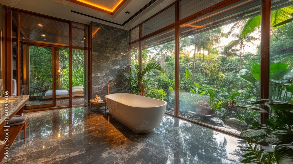 Fototapeta premium Luxurious spa bathroom space, floor to ceiling glass walls, grey marble accent wall, white freestanding bathtub, marble flooring, copper framed mirror, hidden LED lighting, tropical garden views