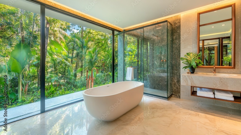 Fototapeta premium Luxurious spa bathroom space, floor to ceiling glass walls, grey marble accent wall, white freestanding bathtub, marble flooring, copper framed mirror, hidden LED lighting, tropical garden views