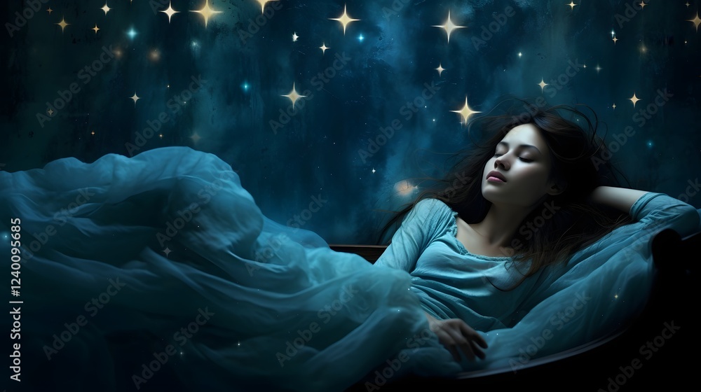 A serene depiction of sleep with soft glowing stars surrounding a sleeping figure in a tranquil ethereal landscape