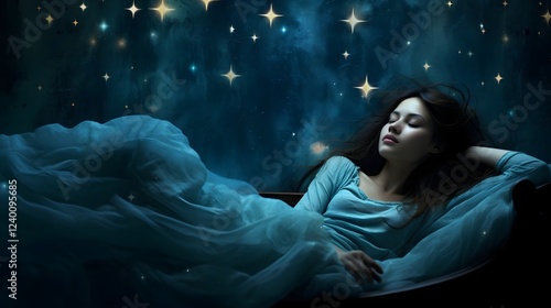 A serene depiction of sleep with soft glowing stars surrounding a sleeping figure in a tranquil ethereal landscape photo