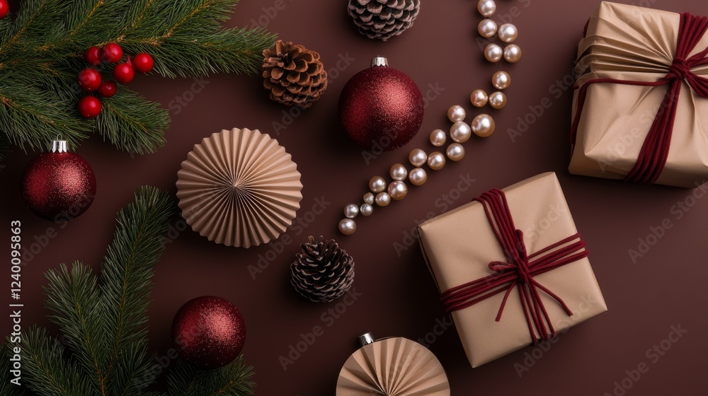 Modern festive flatlay, pleated paper baubles, wooden pearl garland, fir branches, wrapped presents, chocolate brown background, red accents, hygge Christmas style, professional product photography Modern festive flatlay, pleated paper baubles, wooden pearl garland, fir branches, wrapped presents, chocolate brown background, red accents, hygge Christmas style, professional product photography
