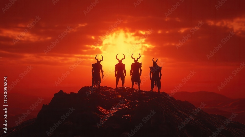 Obraz premium Silhouetted figures with horns stand atop a hill against a dramatic sunset, evoking a mystical and powerful atmosphere.