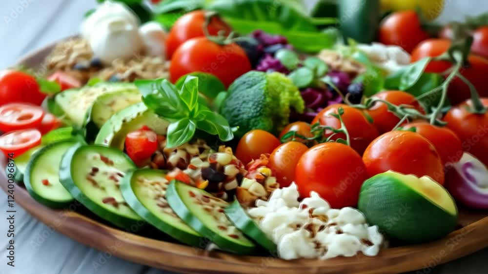 A vibrant assortment of fresh vegetables and grains on a wooden platter A vibrant assortment of fresh vegetables and grains on a wooden platter