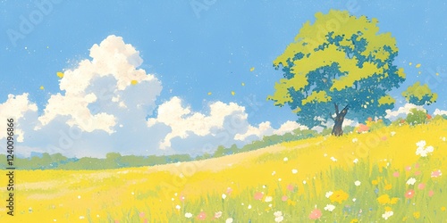 illustration with children's drawing style for landscape meadow and clear skies