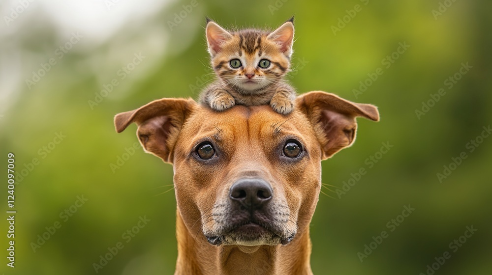 Obraz premium Playful mixed breed dog with kitten on head, showcasing heartwarming animal friendship.