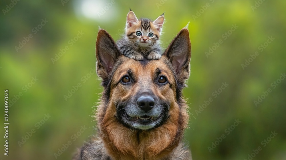 Playful mixed breed dog with kitten on head, showcasing heartwarming animal friendship. Playful mixed breed dog with kitten on head, showcasing heartwarming animal friendship.
