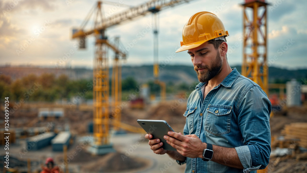 Fototapeta premium builder with laptop in a helmet on the background of a construction site . Generative AI