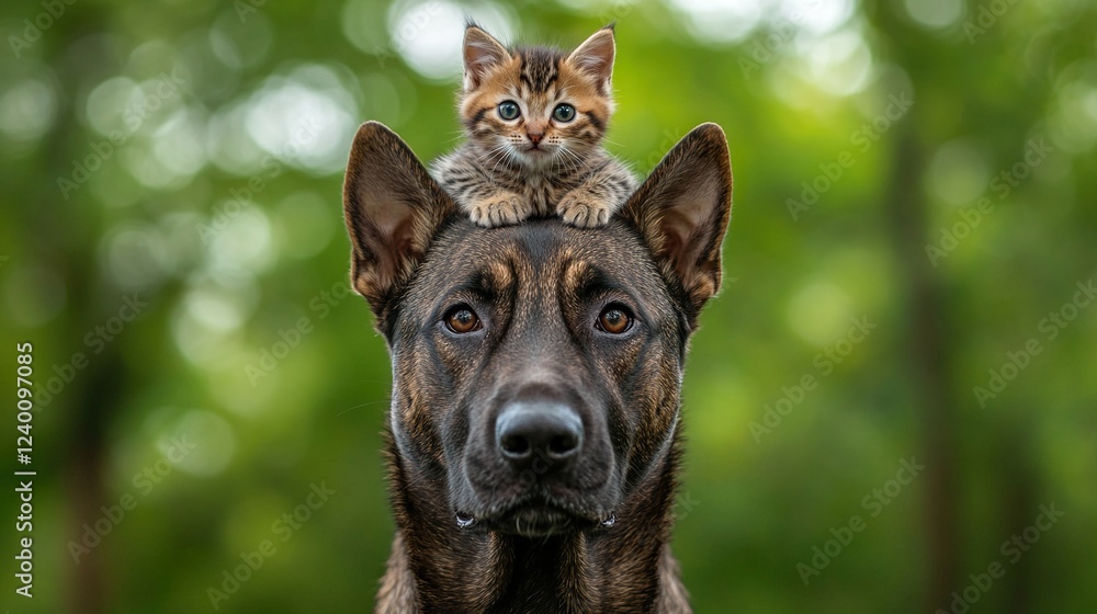 Fototapeta premium Playful mixed breed dog with kitten on head, showcasing heartwarming animal friendship.