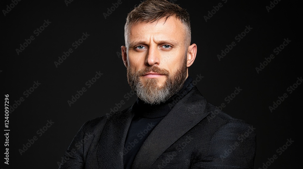 Obraz premium Serious man, dark suit, black background, corporate headshot