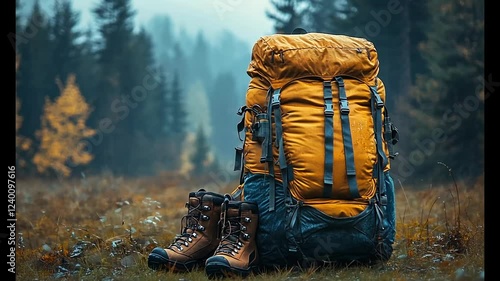 A yellow backpack and hiking boots in a misty forest setting.