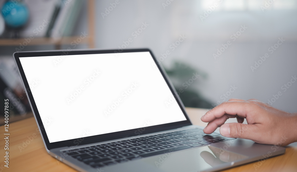 Blank screen laptop with white background for advertising text, Human hand use tablet and looking at it, Man using laptop contact business search information, Marketing and creative design. Blank screen laptop with white background for advertising text, Human hand use tablet and looking at it, Man using laptop contact business search information, Marketing and creative design.