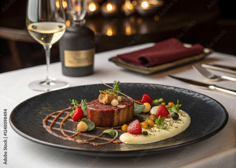 lamb chops with vegetables, food elegant expensive dish plate dark black gourmet dinner chef lamb chops with vegetables, food elegant expensive dish plate dark black gourmet dinner chef