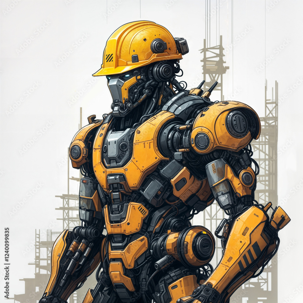 futuristic cyborg builder with mechanical parts inside body at construction site . Generative AI futuristic cyborg builder with mechanical parts inside body at construction site . Generative AI
