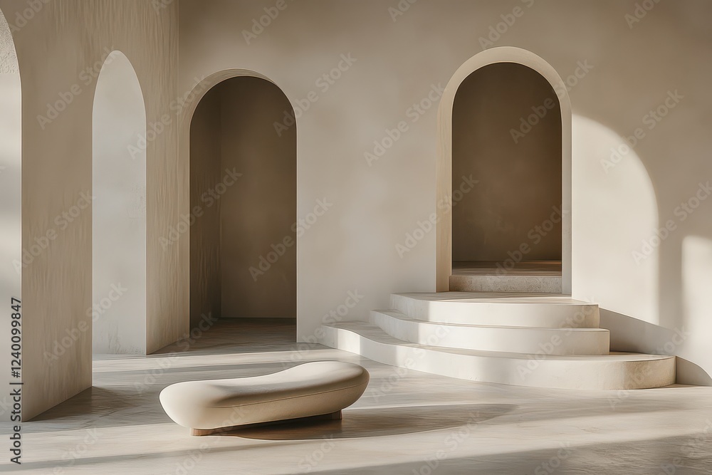 Modern minimalist interior design featuring curved arches and a sculptural bench in soft lighting Modern minimalist interior design featuring curved arches and a sculptural bench in soft lighting