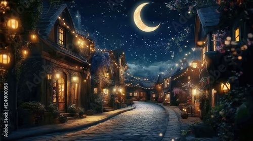 Enchanted Village Street at Night Under a Crescent Moon