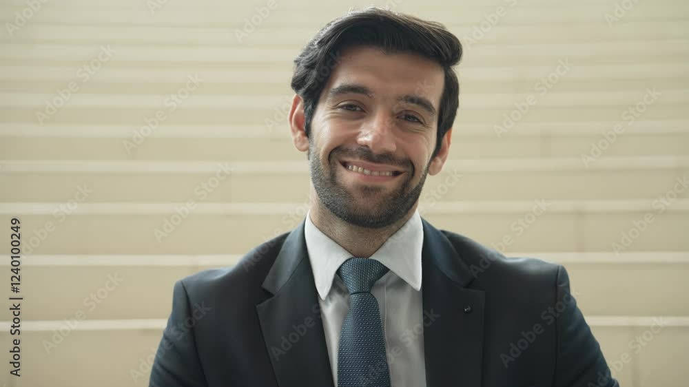 Caucasian smiling business man looking at camera while standing at stairs. Closeup of successful man smiling at camera while wearing business suit. Happy executive manager look at camera. Exultant. Caucasian smiling business man looking at camera while standing at stairs. Closeup of successful man smiling at camera while wearing business suit. Happy executive manager look at camera. Exultant.