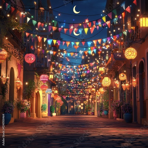 Wallpaper Mural Enchanting Night Street Festive with Colorful Lights and Lanterns Torontodigital.ca