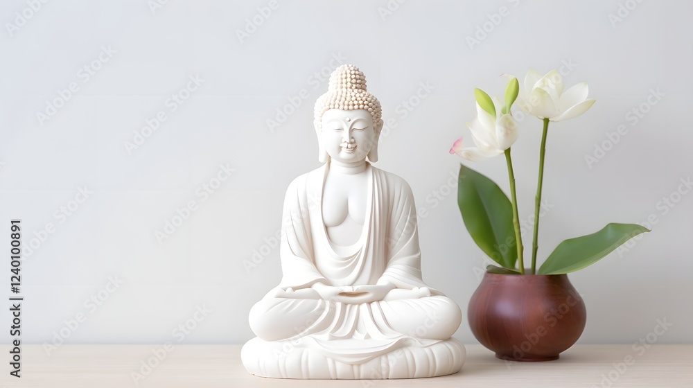 Elegant and serene white marble Buddha statue displayed in a minimalist calming setting promoting spiritual reflection tranquility and inner peace Elegant and serene white marble Buddha statue displayed in a minimalist calming setting promoting spiritual reflection tranquility and inner peace