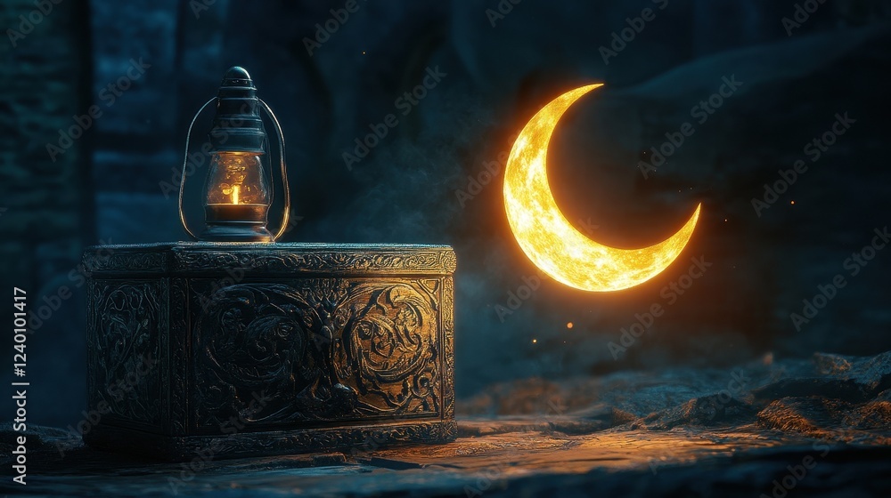 Glowing Crescent Moon Illuminates Antique Box and Lantern at Night