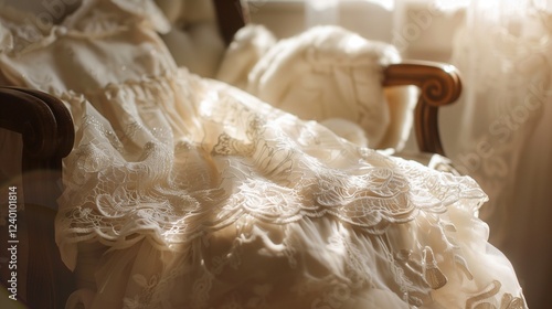 A close-up of a delicate baby dress made of lace and satin, resting on a rocking chair with warm sunlight illuminating the room. --ar 169 --v 6.0 - Upscaled (Subtle) by @feroz (relaxed)