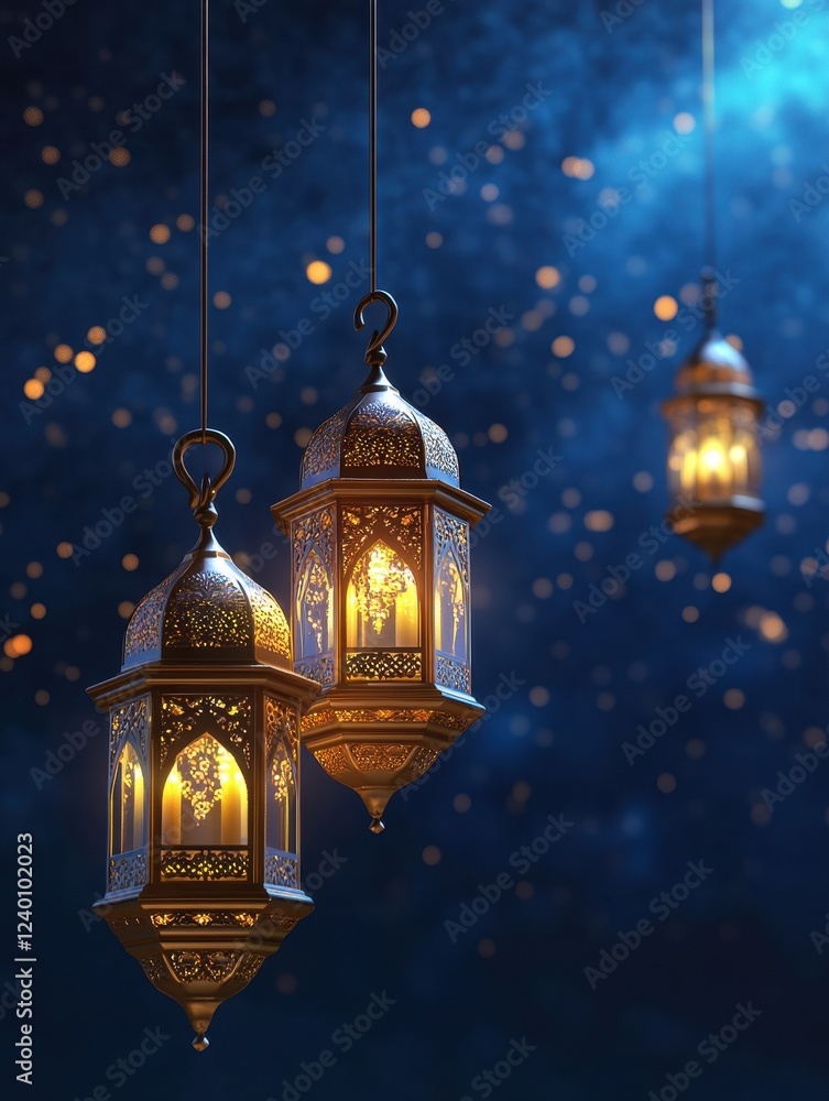 Glowing Golden Lanterns Hanging in the Night Glowing Golden Lanterns Hanging in the Night